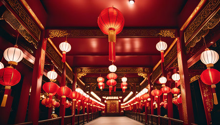 A corridor lined with red lanterns inside a Chinese temple, symbolizing celebration and good fortune. The bright red color creates a festive and joyful atmosphere.の写真素材