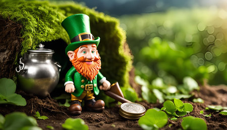 A Leprechaun figurine standing beside a pot of gold with a golden coin and clovers in the foreground. The Leprechaun is wearing a green hat and coat, and has a red beard.の写真素材