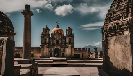 A view of an old church in Mexico with a cloudy sky and a mountain in the background.の写真素材