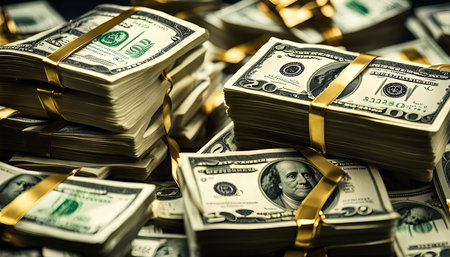 Close-up image of stacks of bundled US dollar banknotes, representing financial wealth and abundance.の写真素材