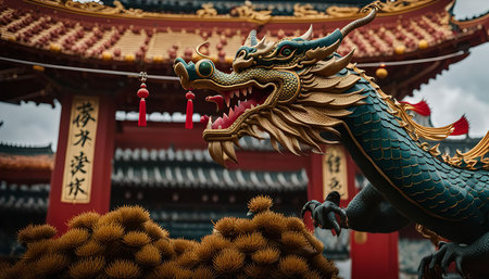 Close-up of a dragon statue in front of a red Chinese temple. The dragon is a powerful symbol in Chinese mythology and culture, often representing strength, wisdom, and power.の写真素材