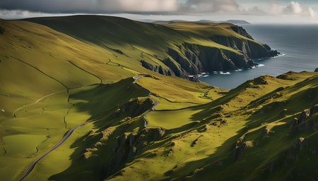 A winding road snakes its way through the lush green hills of Ireland's rugged coastline. The azure ocean stretches out in the distance, framed by towering cliffs.の写真素材