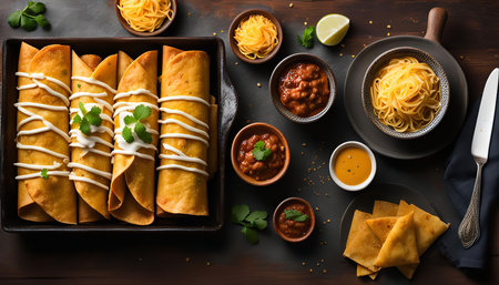 A delicious spread of Mexican food with burritos, salsa, sour cream, cheese, and chips.の写真素材
