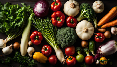 A vibrant display of fresh vegetables, showing a variety of colors, textures, and shapes. The image captures the essence of healthy eating and the beauty of nature's bounty.の写真素材