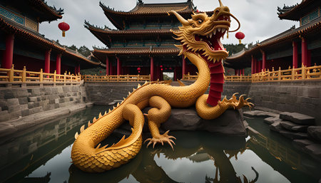 A golden dragon statue stands majestically in a calm pond in front of a traditional Chinese temple.の写真素材