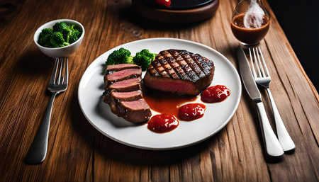 A grilled steak with sauce and broccoli is served on a white plate with two forks and a knife.の写真素材
