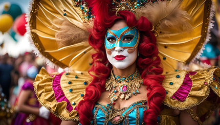 A woman wearing a beautiful costume and a mask at a carnival parade. The vibrant colors and intricate details create a captivating image.の写真素材