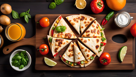 A close-up shot of a quesadilla cut into 8 slices, served with fresh tomato, lime, basil and jalapeno peppers.の写真素材