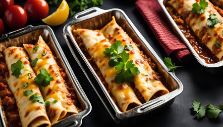Three enchiladas, freshly baked, in aluminum containers, ready to serve. The enchiladas are topped with melted cheese, cilantro, and salsa. The meal is surrounded by tomatoes and lemons.の写真素材