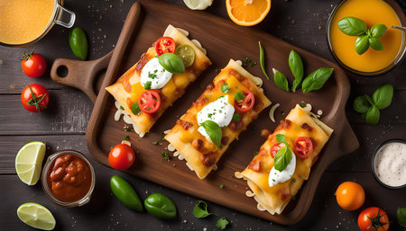 Close-up view of three enchiladas on a wooden board. The enchiladas are topped with cheese, tomatoes, sour cream, and fresh basil.の写真素材