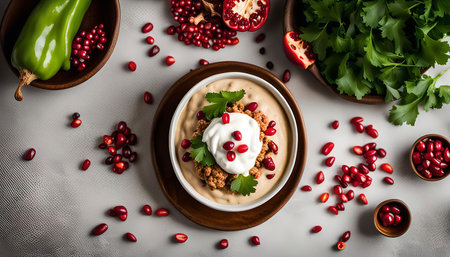 A bowl of creamy soup topped with pomegranate seeds, parsley, and a dollop of cream. Scattered around are pomegranate seeds, a green pepper, and fresh parsley.の写真素材