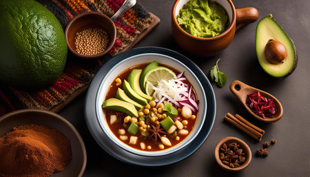 A bowl of delicious Mexican soup with avocado, lime, beans, tomatoes and spices on a rustic wooden tableの写真素材
