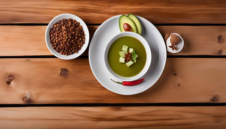 Close-up of a green soup garnished with avocado slices and star anise served in a white bowl on a wooden table, alongside a bowl of lentils and a chili pepperの写真素材