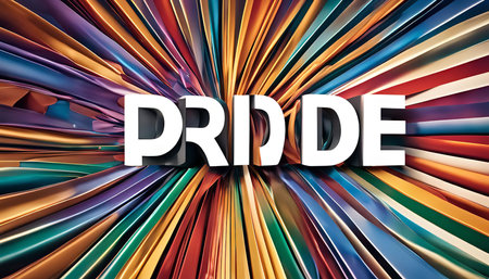 A 3D rendering of the word "PRIDE" with a colorful abstract background. The background is made up of many colorful stripes that radiate outwards from the center, creating a sense of movement and energy.の写真素材