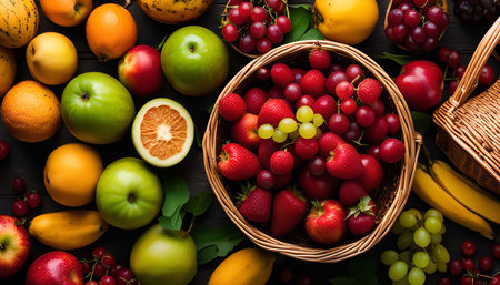 A basket overflowing with a variety of fresh fruits, including strawberries, grapes, apples, and oranges, creates a vibrant and healthy still life. The fruits are arranged on a dark wooden table, creating a contrasting and visually appealing scene.の写真素材