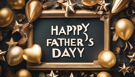Happy Father's Day greeting with a chalkboard framed in gold and decorated with gold balloons, stars, and hearts.の写真素材