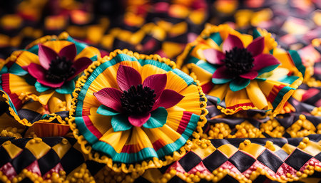 A close-up shot of colorful flowers arranged in a decorative pattern on a fabric background.の写真素材