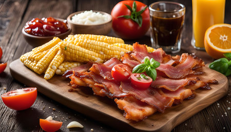 A plate of crispy bacon with corn on the cob, tomatoes, ketchup, and orange juice. This is a delicious and savory meal that is perfect for any occasion.の写真素材