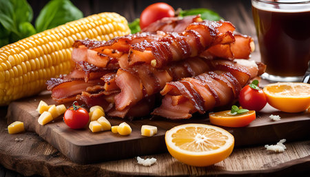 A plate of crispy bacon with corn and lemons, a perfect meal for any occasion.の写真素材