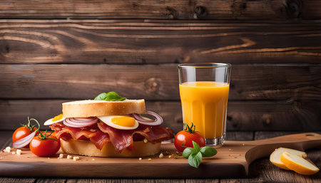 A close-up of a delicious breakfast sandwich with bacon, egg, and onion on a wooden table. A glass of orange juice is also on the table.の写真素材