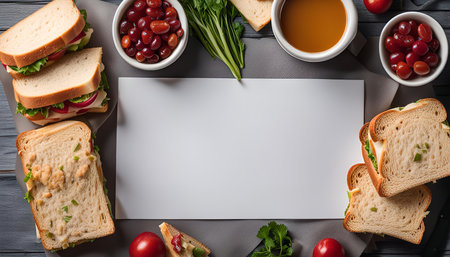 A top view of a rustic table with delicious looking sandwiches and other ingredients ready to eat. This beautiful spread features a variety of sandwiches, tomatoes, greenery, and an empty paper sign.の写真素材