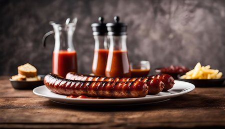 Grilled sausages on a white plate with sauces, fries, and bread.の写真素材