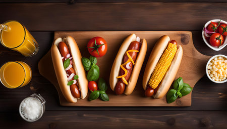 A flat lay of three hot dogs with different toppings, served on a wooden cutting board, with various sides and drinks.の写真素材