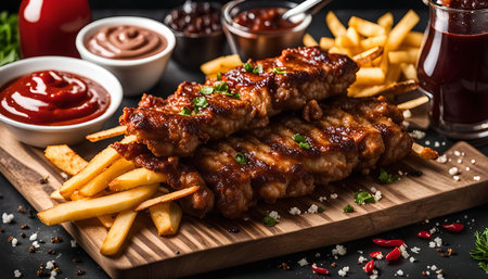 Close-up of grilled ribs served with french fries and various sauces on a wooden board.の写真素材