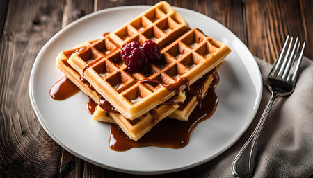 A plate of golden waffles topped with caramel sauce and a fresh raspberry. The waffles are crispy on the outside and fluffy on the inside, and the caramel sauce is rich and sweet.の写真素材