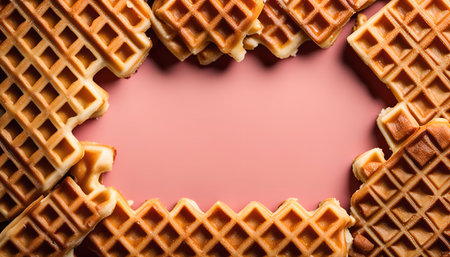 A close-up view of a frame created by crispy golden waffles, set against a pink background. The image creates a visually appealing composition for a food-related background or a message.の写真素材
