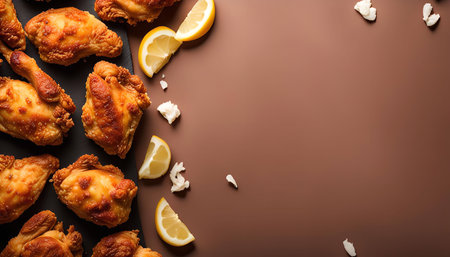 A close-up image of crispy fried chicken with lemon wedges, a perfect meal for any occasion.の写真素材