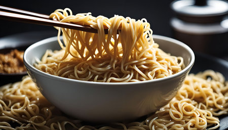 A closeup shot of noodles being lifted from a bowl using chopsticks, capturing the texture and the enticing aroma of this classic dish.の写真素材