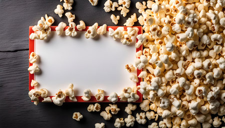 A close-up shot of popcorn surrounding a blank white frame, providing a blank canvas for creative ideas and messages.の写真素材