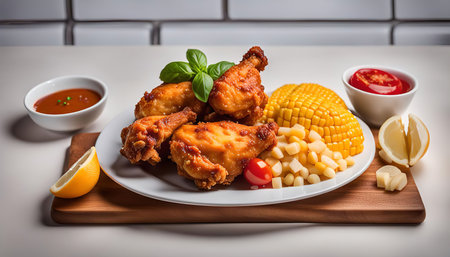 A plate of fried chicken with corn, sauce and lemon wedges on a wooden cutting boardの写真素材