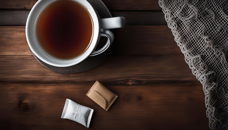 A cup of tea with a white cup and saucer on a wooden table.の写真素材
