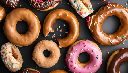 A close-up view of a variety of delicious donuts with different toppings and flavors, perfect for a sweet treat or a delightful breakfast.の写真素材