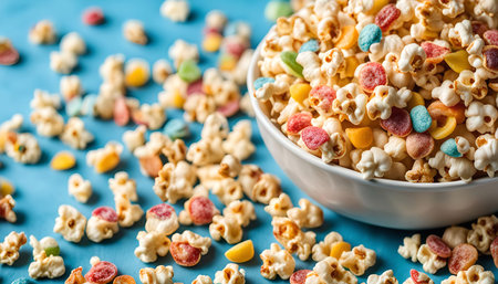 A white bowl filled with popcorn and colorful candy, on a blue surface.の写真素材