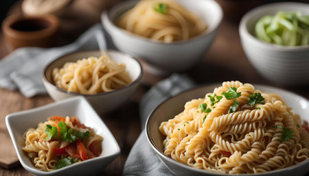 A close-up shot of a delicious pasta dish on a wooden table, showing a variety of noodles, fresh tomatoes, parsley, and other ingredients. The dish is beautifully presented in a white bowl, tempting viewers with its vibrant colors and inviting flavors.の写真素材
