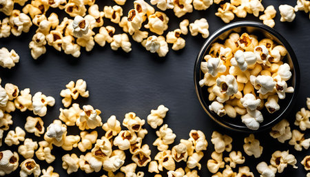 A bowl of popcorn against a black backgroundの写真素材