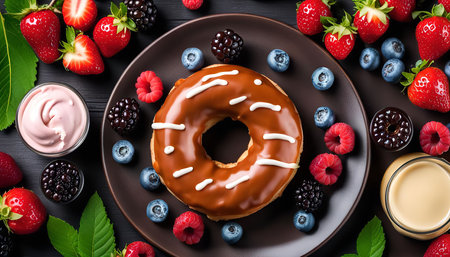 A close-up view of a chocolate glazed donut with white icing, surrounded by fresh blueberries, raspberries, blackberries, and strawberries. The donut is served on a brown plate with a dollop of whipped cream, adding to the sweetness of the scene.の写真素材