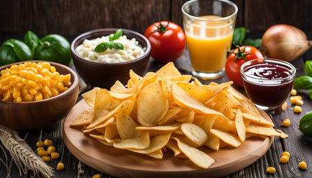 A close-up view of a plate of crispy tortilla chips with various dips, including salsa, cheese, and corn kernels.の写真素材