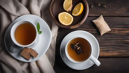 Two cups of hot tea on a wooden table, accompanied by a lemon and chocolate. A still life image depicting a cozy tea time.の写真素材