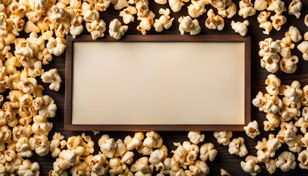 A wooden frame surrounded by popcorn on a brown background. The frame is blank and empty, perfect for adding text or images.の写真素材