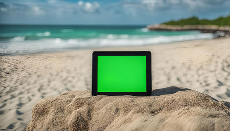 A tablet computer with a green screen sits on the sand of a beautiful tropical beach, with the ocean in the background.の写真素材