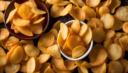Close-up overhead shot of a bowl of crispy garlic chips, scattered around on a dark surface, with a second bowl of chips in the background.の写真素材