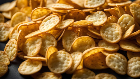 A close-up image of crispy, round crackers. The crackers are golden brown in color and have a slightly irregular shape. They are arranged in a pile on a dark surface, creating a visually appealing still-life image.の写真素材