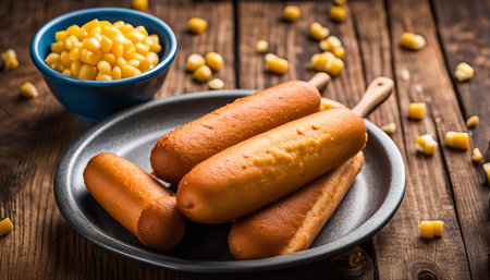 A plate of corn dogs on a wooden table, with a bowl of corn kernels in the background.の写真素材