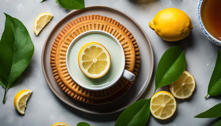 A cup of tea with a lemon slice, a biscuit, and green leaves on a light background.の写真素材