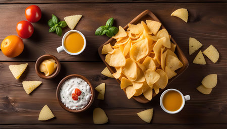 A flat lay of a delicious snack platter with crispy chips, various dips, and citrus fruits, all arranged on a rustic wooden surface.の写真素材