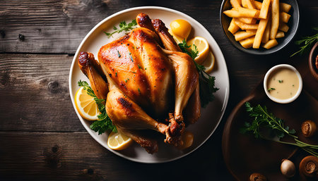 A delicious roasted chicken, garnished with lemon wedges and parsley, served on a white plate. It's a perfect main course for a family dinner.の写真素材